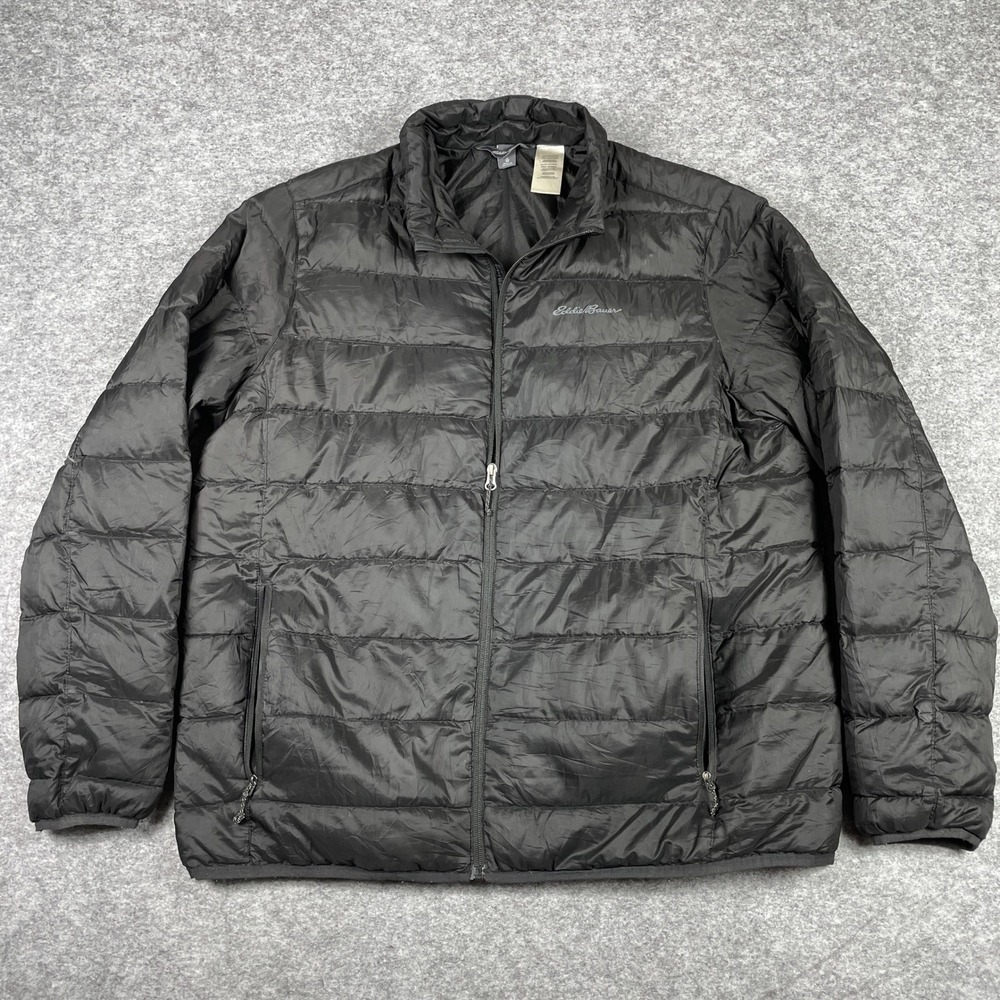 Eddie Bauer Puffer Jacket Mens XL Black Down Insulated Full Zip Quilted Outdoor